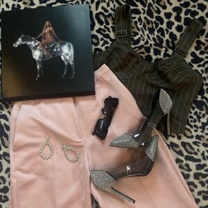 Striped Crop Top and Pink Pants Set with Rhinestone Heels